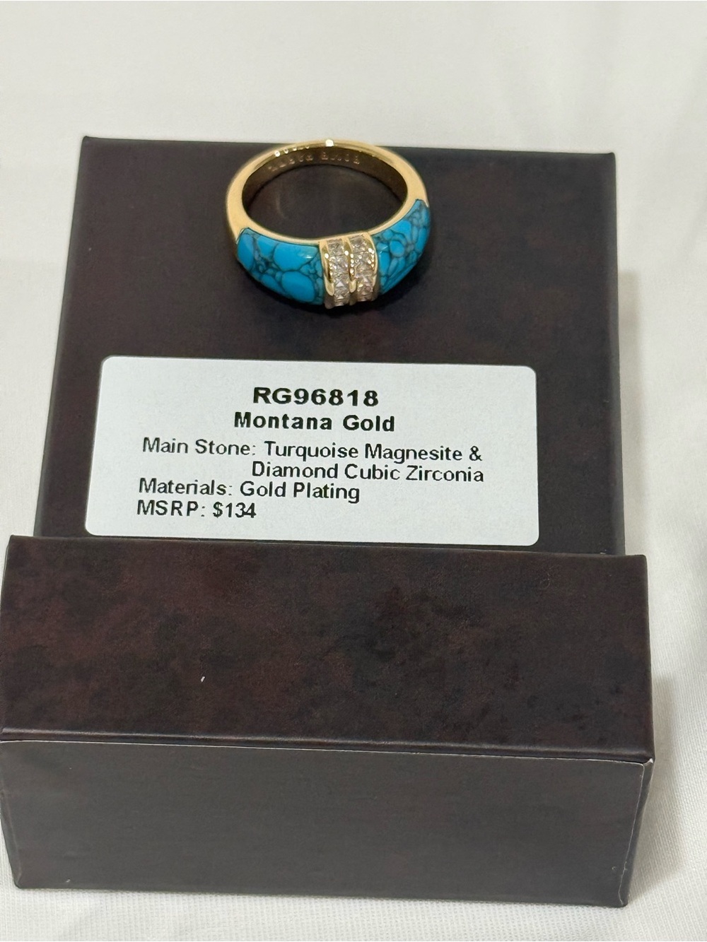 Gold-Tone Turquoise Inlay Ring with Clear Accents - Picture 5 of 7